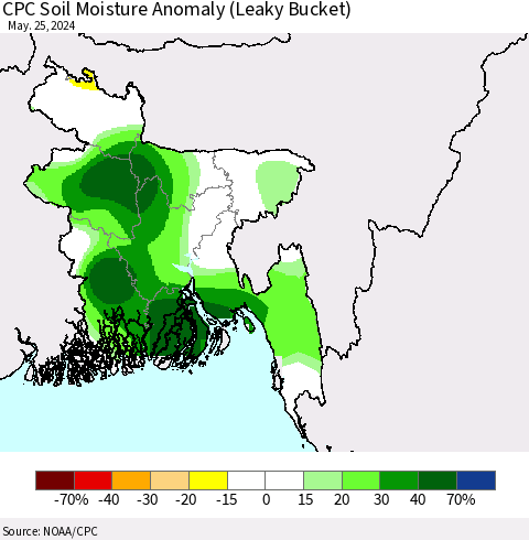 Bangladesh CPC Soil Moisture Anomaly (Leaky Bucket) Thematic Map For 5/21/2024 - 5/25/2024