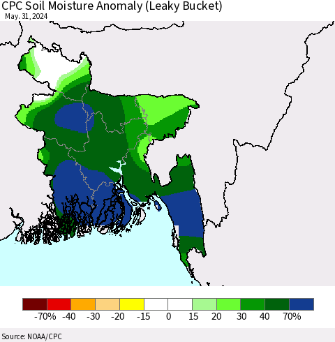 Bangladesh CPC Soil Moisture Anomaly (Leaky Bucket) Thematic Map For 5/26/2024 - 5/31/2024