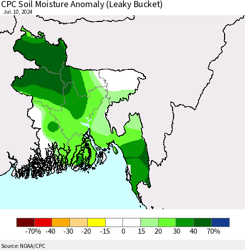 Bangladesh CPC Soil Moisture Anomaly (Leaky Bucket) Thematic Map For 7/6/2024 - 7/10/2024