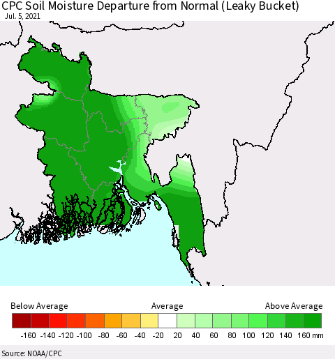 Bangladesh CPC Soil Moisture Departure from Normal (Leaky Bucket) Thematic Map For 7/1/2021 - 7/5/2021