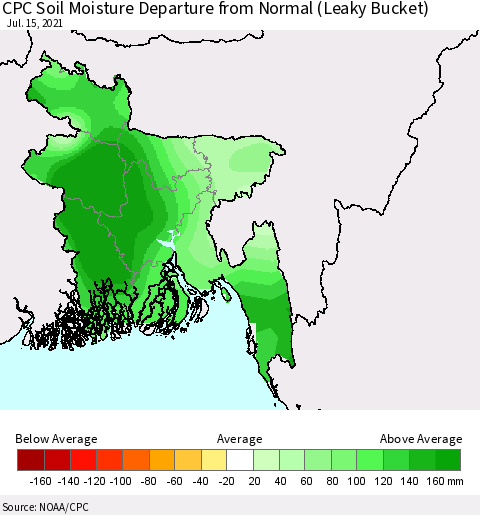 Bangladesh CPC Soil Moisture Departure from Normal (Leaky Bucket) Thematic Map For 7/11/2021 - 7/15/2021