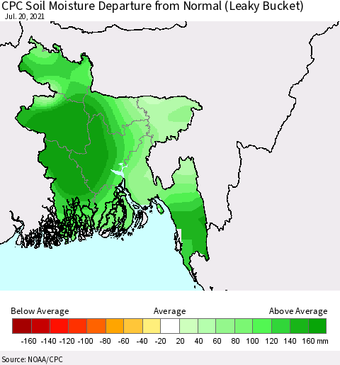 Bangladesh CPC Soil Moisture Departure from Normal (Leaky Bucket) Thematic Map For 7/16/2021 - 7/20/2021