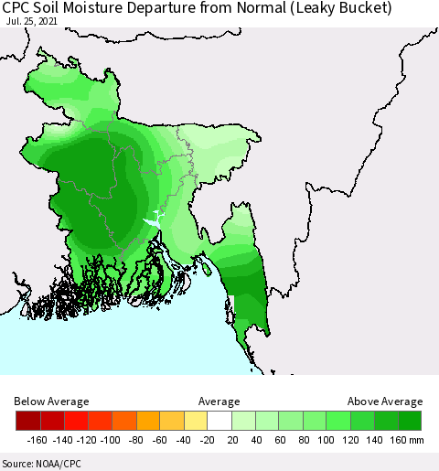 Bangladesh CPC Soil Moisture Departure from Normal (Leaky Bucket) Thematic Map For 7/21/2021 - 7/25/2021