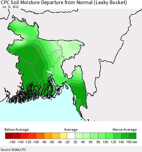Bangladesh CPC Soil Moisture Departure from Normal (Leaky Bucket) Thematic Map For 7/26/2021 - 7/31/2021