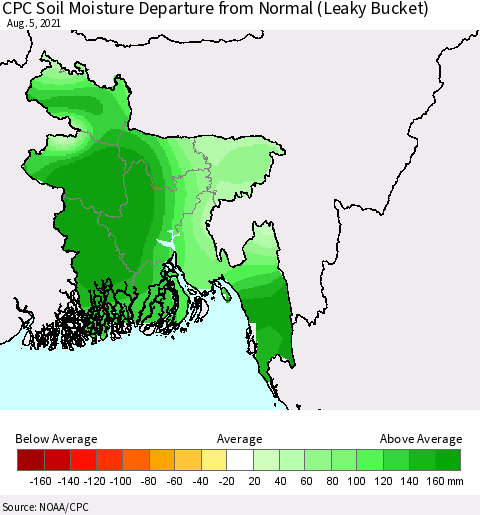 Bangladesh CPC Soil Moisture Departure from Normal (Leaky Bucket) Thematic Map For 8/1/2021 - 8/5/2021