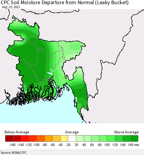 Bangladesh CPC Soil Moisture Departure from Normal (Leaky Bucket) Thematic Map For 8/6/2021 - 8/10/2021