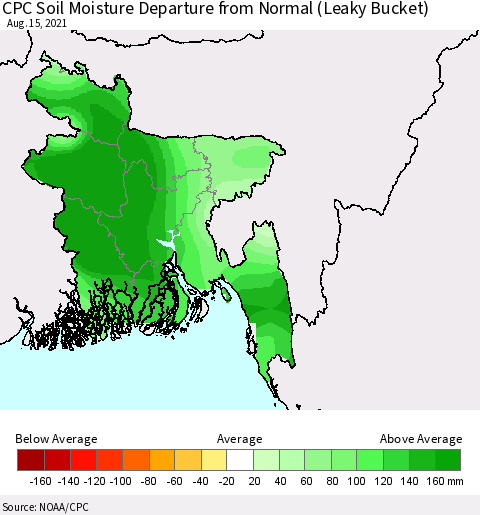 Bangladesh CPC Soil Moisture Departure from Normal (Leaky Bucket) Thematic Map For 8/11/2021 - 8/15/2021