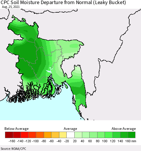 Bangladesh CPC Soil Moisture Departure from Normal (Leaky Bucket) Thematic Map For 8/21/2021 - 8/25/2021