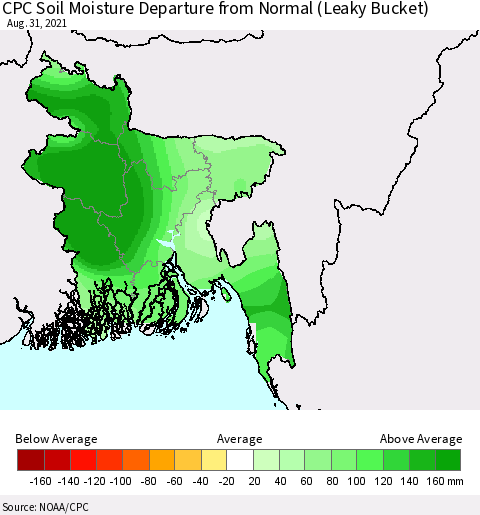 Bangladesh CPC Soil Moisture Departure from Normal (Leaky Bucket) Thematic Map For 8/26/2021 - 8/31/2021