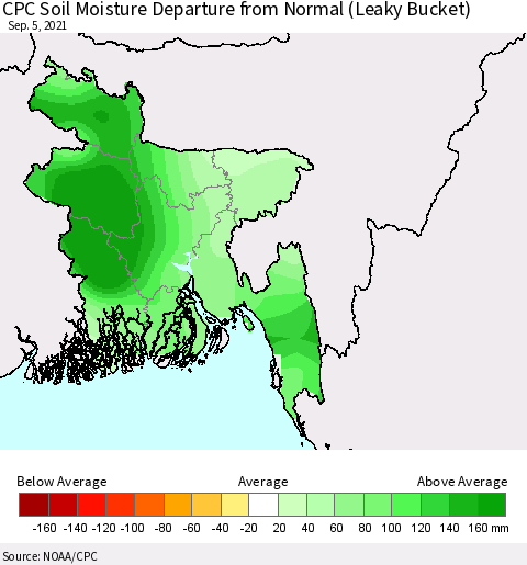 Bangladesh CPC Soil Moisture Departure from Normal (Leaky Bucket) Thematic Map For 9/1/2021 - 9/5/2021