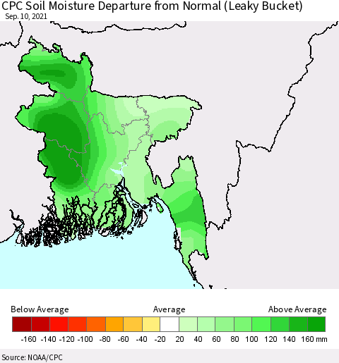 Bangladesh CPC Soil Moisture Departure from Normal (Leaky Bucket) Thematic Map For 9/6/2021 - 9/10/2021