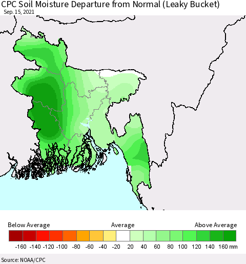 Bangladesh CPC Soil Moisture Departure from Normal (Leaky Bucket) Thematic Map For 9/11/2021 - 9/15/2021