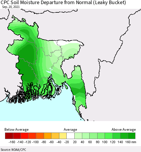 Bangladesh CPC Soil Moisture Departure from Normal (Leaky Bucket) Thematic Map For 9/16/2021 - 9/20/2021