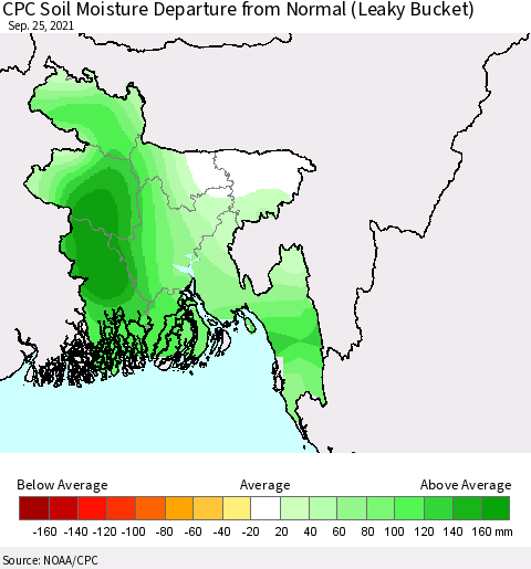 Bangladesh CPC Soil Moisture Departure from Normal (Leaky Bucket) Thematic Map For 9/21/2021 - 9/25/2021