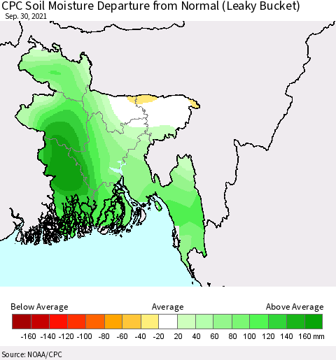 Bangladesh CPC Soil Moisture Departure from Normal (Leaky Bucket) Thematic Map For 9/26/2021 - 9/30/2021