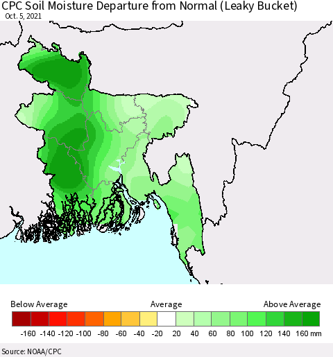 Bangladesh CPC Soil Moisture Departure from Normal (Leaky Bucket) Thematic Map For 10/1/2021 - 10/5/2021