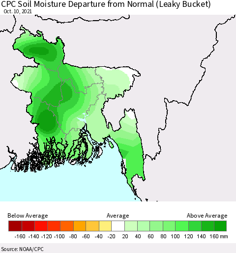 Bangladesh CPC Soil Moisture Departure from Normal (Leaky Bucket) Thematic Map For 10/6/2021 - 10/10/2021