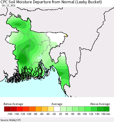 Bangladesh CPC Soil Moisture Departure from Normal (Leaky Bucket) Thematic Map For 10/11/2021 - 10/15/2021