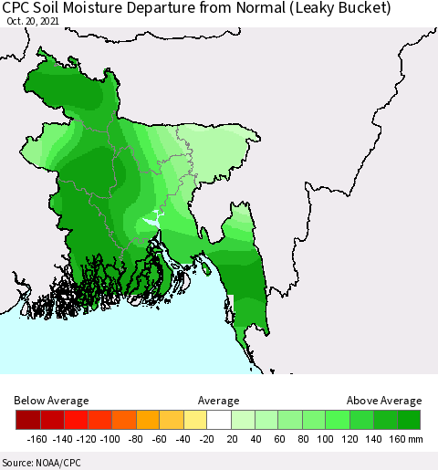 Bangladesh CPC Soil Moisture Departure from Normal (Leaky Bucket) Thematic Map For 10/16/2021 - 10/20/2021