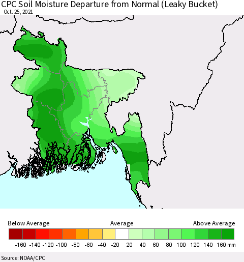 Bangladesh CPC Soil Moisture Departure from Normal (Leaky Bucket) Thematic Map For 10/21/2021 - 10/25/2021