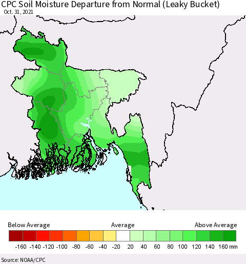 Bangladesh CPC Soil Moisture Departure from Normal (Leaky Bucket) Thematic Map For 10/26/2021 - 10/31/2021