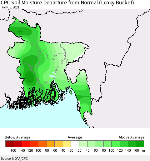 Bangladesh CPC Soil Moisture Departure from Normal (Leaky Bucket) Thematic Map For 11/1/2021 - 11/5/2021