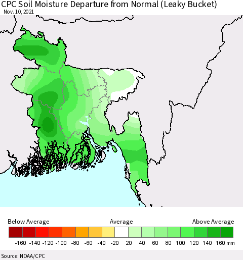 Bangladesh CPC Soil Moisture Departure from Normal (Leaky Bucket) Thematic Map For 11/6/2021 - 11/10/2021