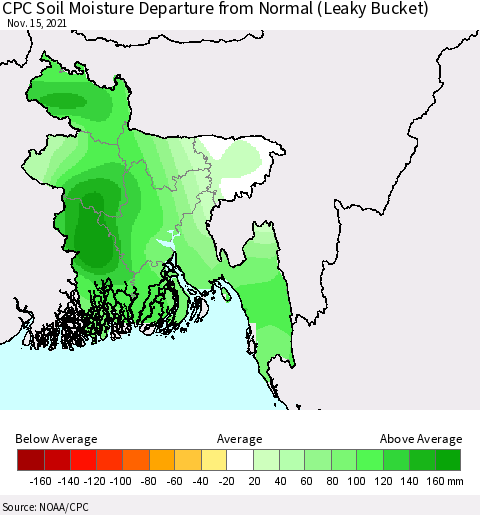 Bangladesh CPC Soil Moisture Departure from Normal (Leaky Bucket) Thematic Map For 11/11/2021 - 11/15/2021