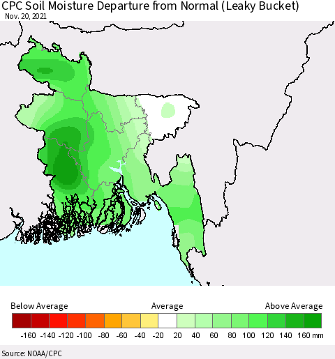 Bangladesh CPC Soil Moisture Departure from Normal (Leaky Bucket) Thematic Map For 11/16/2021 - 11/20/2021