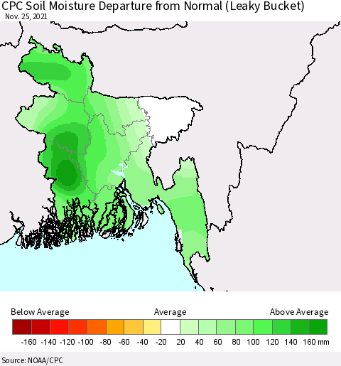 Bangladesh CPC Soil Moisture Departure from Normal (Leaky Bucket) Thematic Map For 11/21/2021 - 11/25/2021