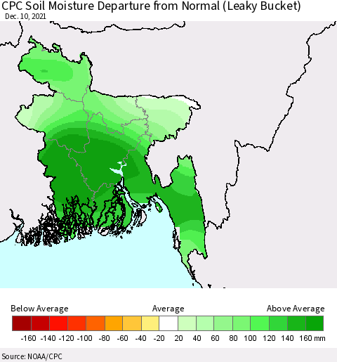 Bangladesh CPC Soil Moisture Departure from Normal (Leaky Bucket) Thematic Map For 12/6/2021 - 12/10/2021