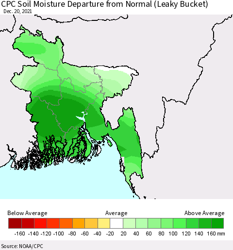 Bangladesh CPC Soil Moisture Departure from Normal (Leaky Bucket) Thematic Map For 12/16/2021 - 12/20/2021
