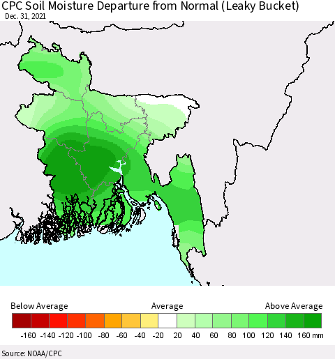 Bangladesh CPC Soil Moisture Departure from Normal (Leaky Bucket) Thematic Map For 12/26/2021 - 12/31/2021