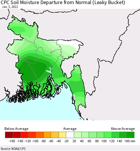 Bangladesh CPC Soil Moisture Departure from Normal (Leaky Bucket) Thematic Map For 1/1/2022 - 1/5/2022