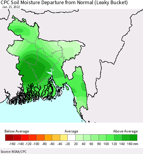 Bangladesh CPC Soil Moisture Departure from Normal (Leaky Bucket) Thematic Map For 1/11/2022 - 1/15/2022