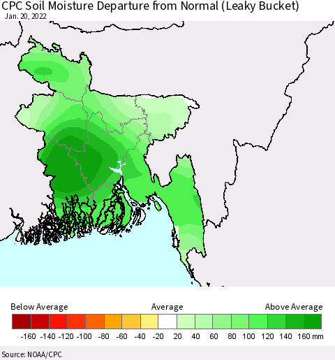 Bangladesh CPC Soil Moisture Departure from Normal (Leaky Bucket) Thematic Map For 1/16/2022 - 1/20/2022