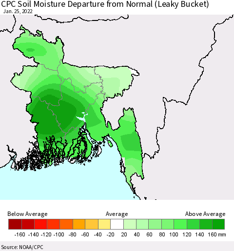 Bangladesh CPC Soil Moisture Departure from Normal (Leaky Bucket) Thematic Map For 1/21/2022 - 1/25/2022