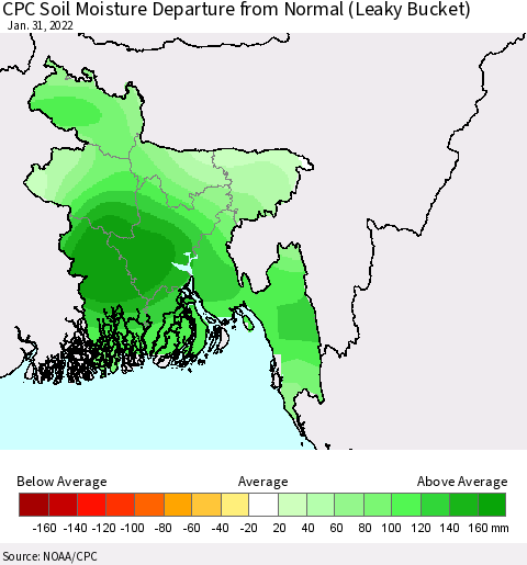 Bangladesh CPC Soil Moisture Departure from Normal (Leaky Bucket) Thematic Map For 1/26/2022 - 1/31/2022