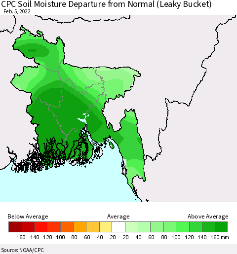 Bangladesh CPC Soil Moisture Departure from Normal (Leaky Bucket) Thematic Map For 2/1/2022 - 2/5/2022