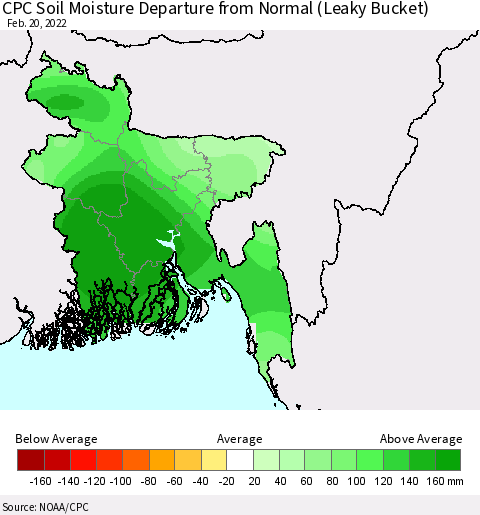 Bangladesh CPC Soil Moisture Departure from Normal (Leaky Bucket) Thematic Map For 2/16/2022 - 2/20/2022