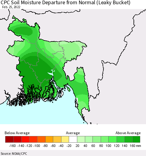 Bangladesh CPC Soil Moisture Departure from Normal (Leaky Bucket) Thematic Map For 2/21/2022 - 2/25/2022