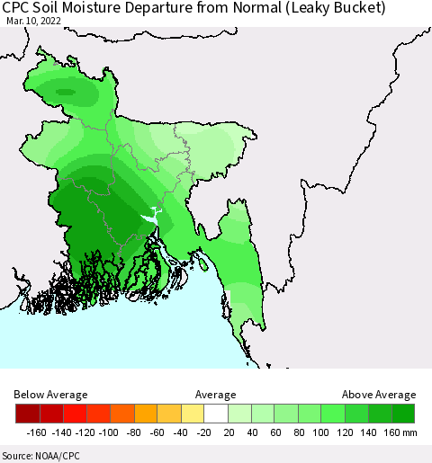 Bangladesh CPC Soil Moisture Departure from Normal (Leaky Bucket) Thematic Map For 3/6/2022 - 3/10/2022