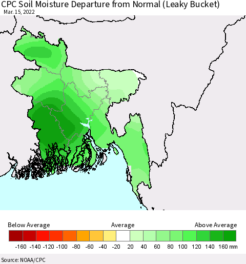 Bangladesh CPC Soil Moisture Departure from Normal (Leaky Bucket) Thematic Map For 3/11/2022 - 3/15/2022