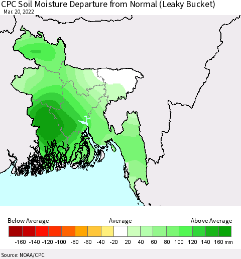 Bangladesh CPC Soil Moisture Departure from Normal (Leaky Bucket) Thematic Map For 3/16/2022 - 3/20/2022