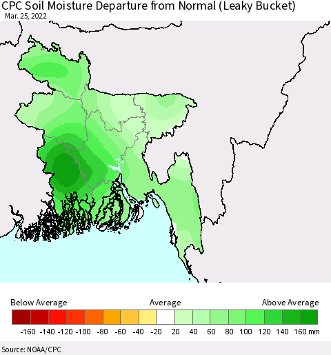Bangladesh CPC Soil Moisture Departure from Normal (Leaky Bucket) Thematic Map For 3/21/2022 - 3/25/2022