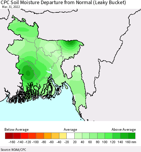 Bangladesh CPC Soil Moisture Departure from Normal (Leaky Bucket) Thematic Map For 3/26/2022 - 3/31/2022