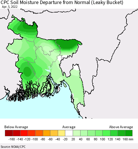 Bangladesh CPC Soil Moisture Departure from Normal (Leaky Bucket) Thematic Map For 4/1/2022 - 4/5/2022
