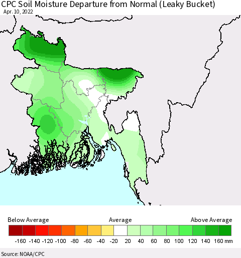 Bangladesh CPC Soil Moisture Departure from Normal (Leaky Bucket) Thematic Map For 4/6/2022 - 4/10/2022