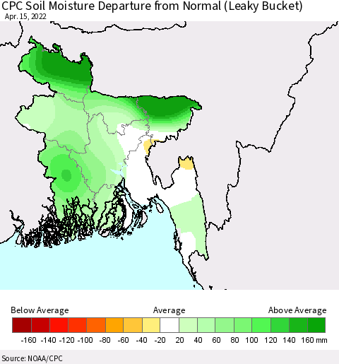 Bangladesh CPC Soil Moisture Departure from Normal (Leaky Bucket) Thematic Map For 4/11/2022 - 4/15/2022