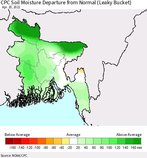 Bangladesh CPC Soil Moisture Departure from Normal (Leaky Bucket) Thematic Map For 4/16/2022 - 4/20/2022